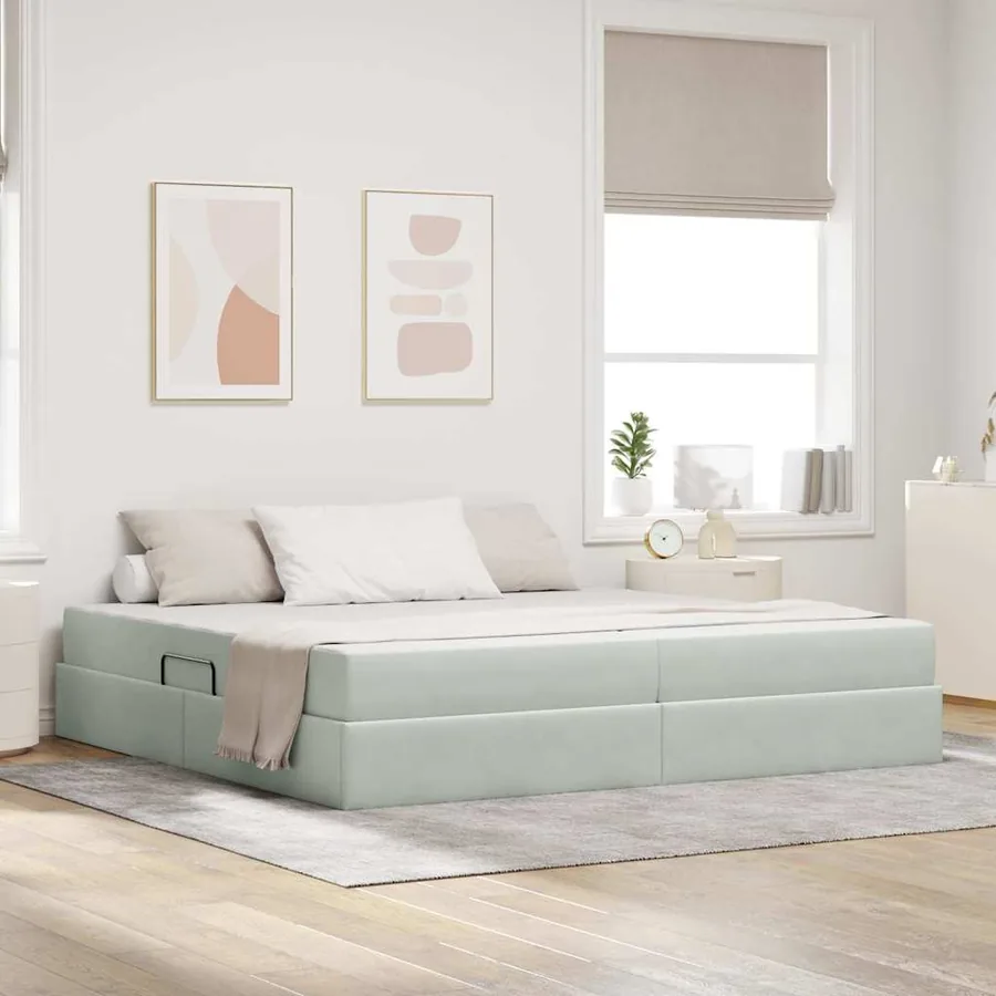Lit avec rangement et matelas Gris clair 200 x 200 cm Velours
