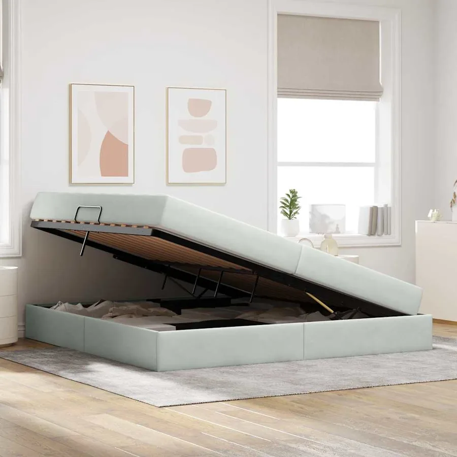 Lit avec rangement et matelas Gris clair 200 x 200 cm Velours - 4