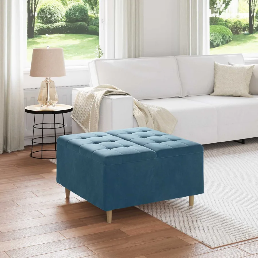 Pouf de rangement avec coussin Bleu 80 x 80 x 45 cm Velours