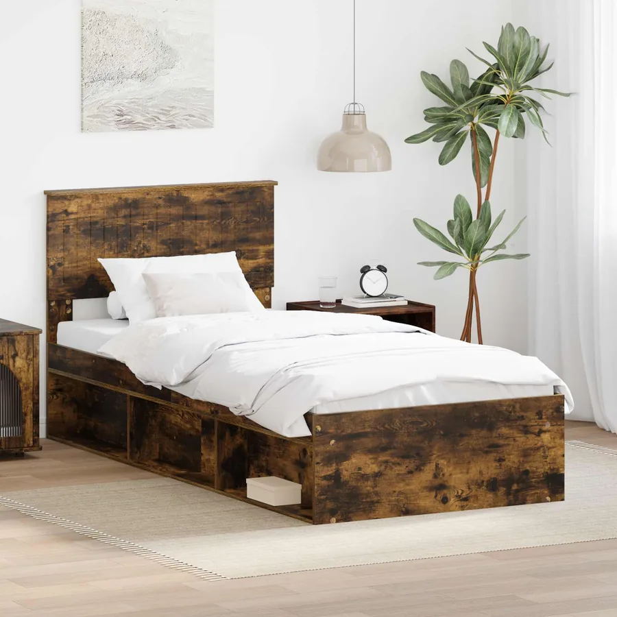 Cadre de lit avec tête de lit Chêne fumé 90 x 200 cm Pin massif
