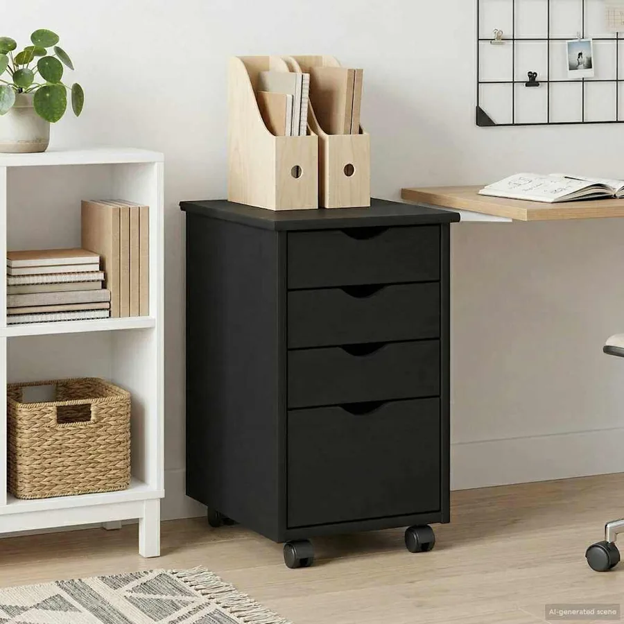Cabinet roulant avec roue Noir 34 x 39 x 56 cm Pin massif