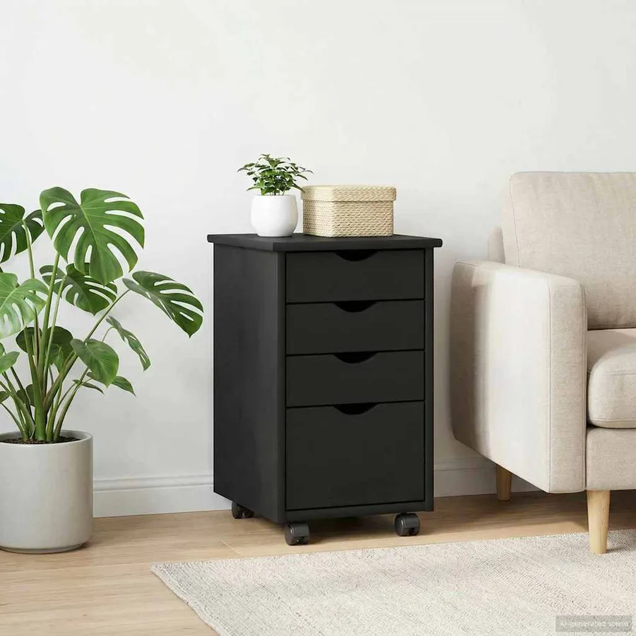 Cabinet roulant avec roue Noir 34 x 39 x 56 cm Pin massif - 3