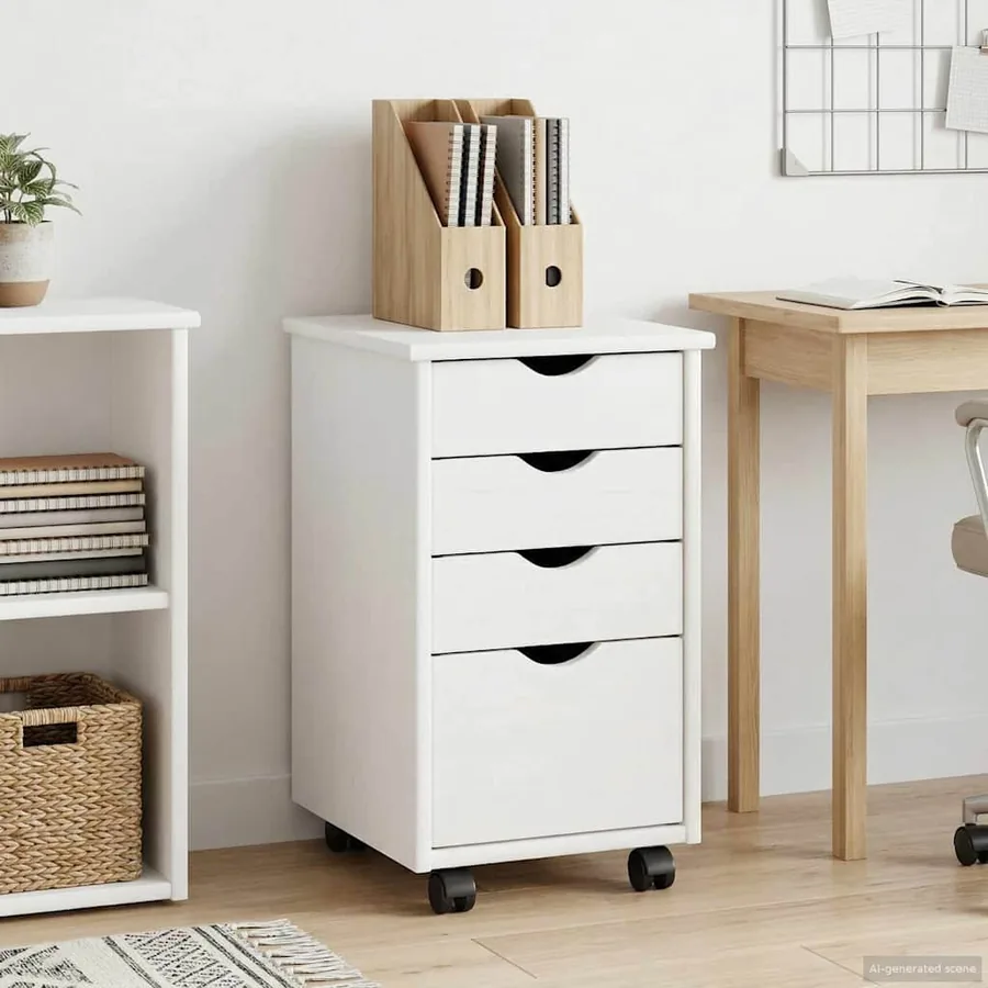 Cabinet roulant avec roue Blanc 34 x 39 x 56 cm Pin massif