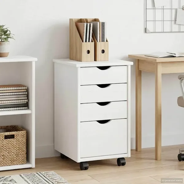 Cabinet roulant avec roue Blanc 34 x 39 x 56 cm Pin massif