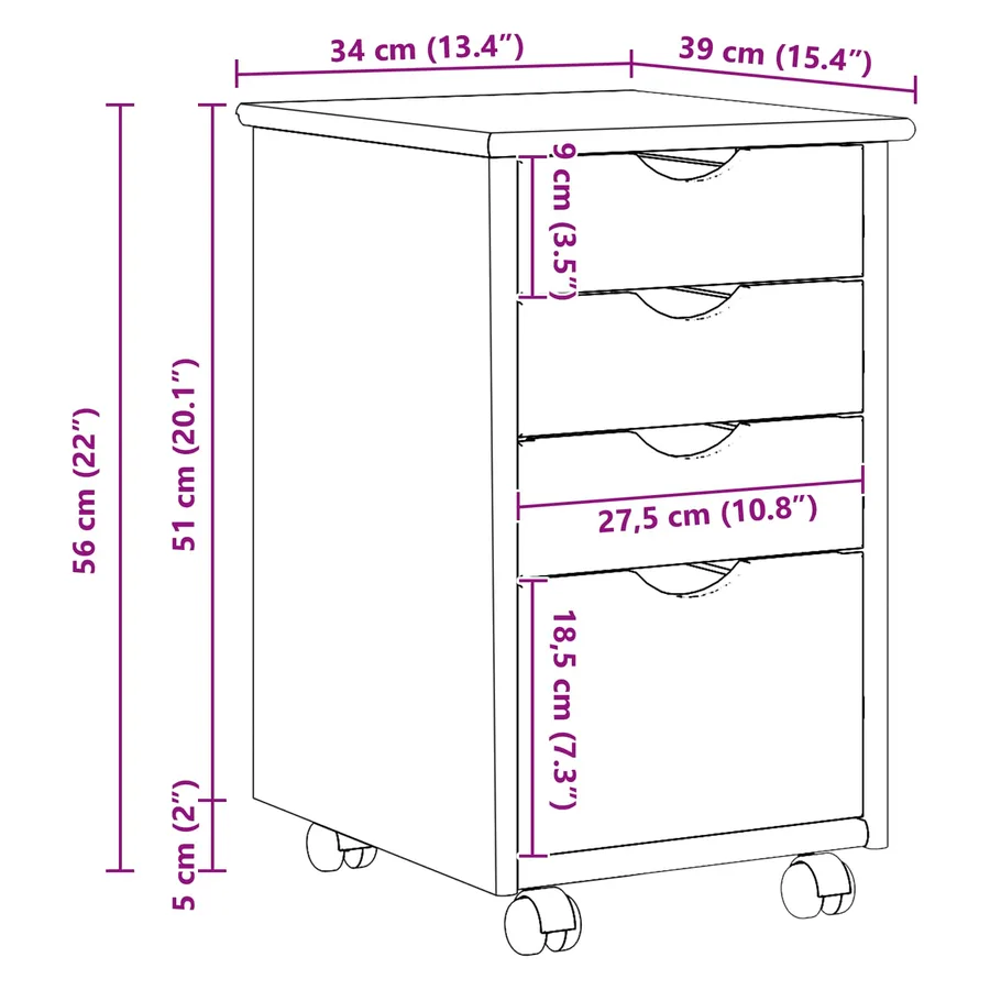 Cabinet roulant avec roue Blanc 34 x 39 x 56 cm Pin massif - 10