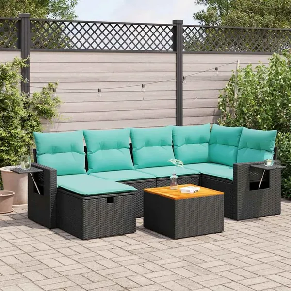 Salon de jardin 7 pcs avec coussins noir résine tressée 55 x 62 x 69 cm - 60,4 kg