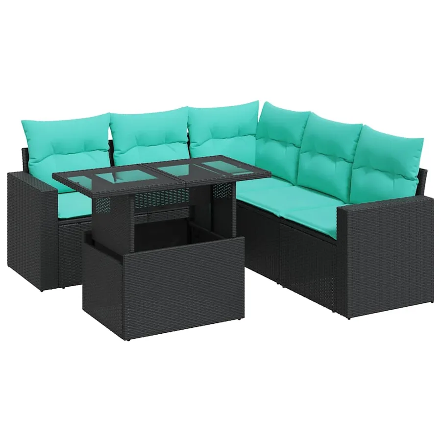 Salon de jardin 6 pcs avec coussins noir résine tressée acacia - 2