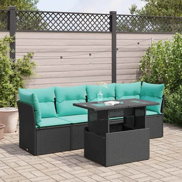 Salon de jardin 5 pcs avec coussins noir résine tressée acacia