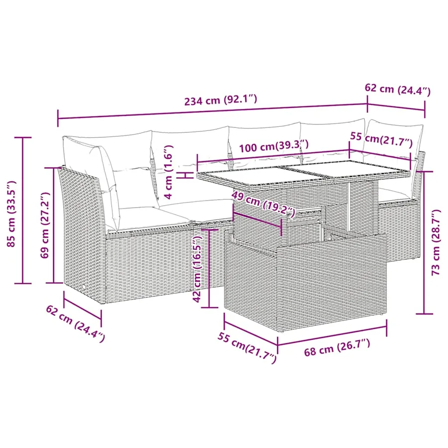 Salon de jardin 5 pcs avec coussins noir résine tressée acacia - 11