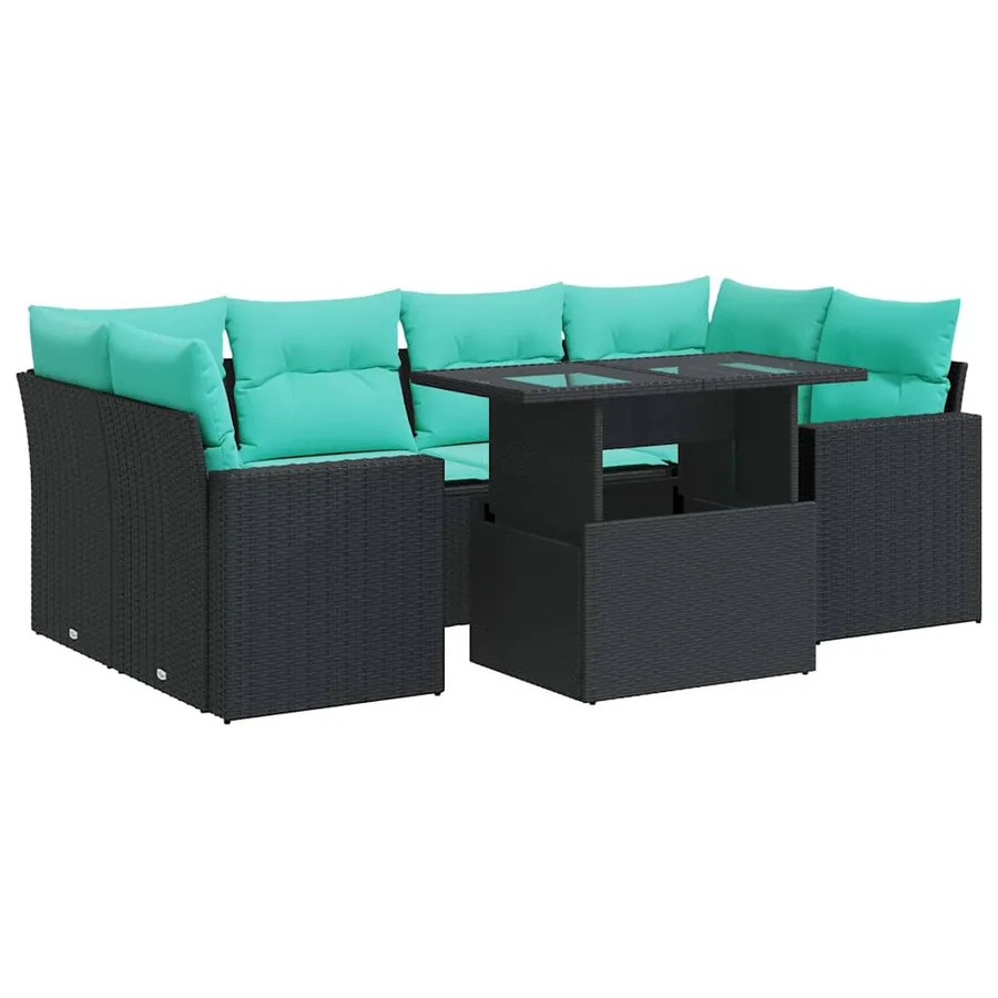 Salon de jardin avec coussins 7 pcs noir résine tressée acacia - 2