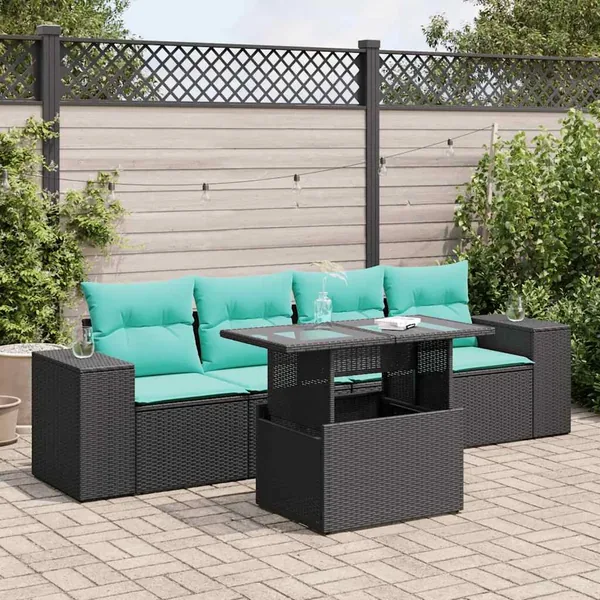 Salon de jardin 5 pcs avec coussins noir résine tressée acacia