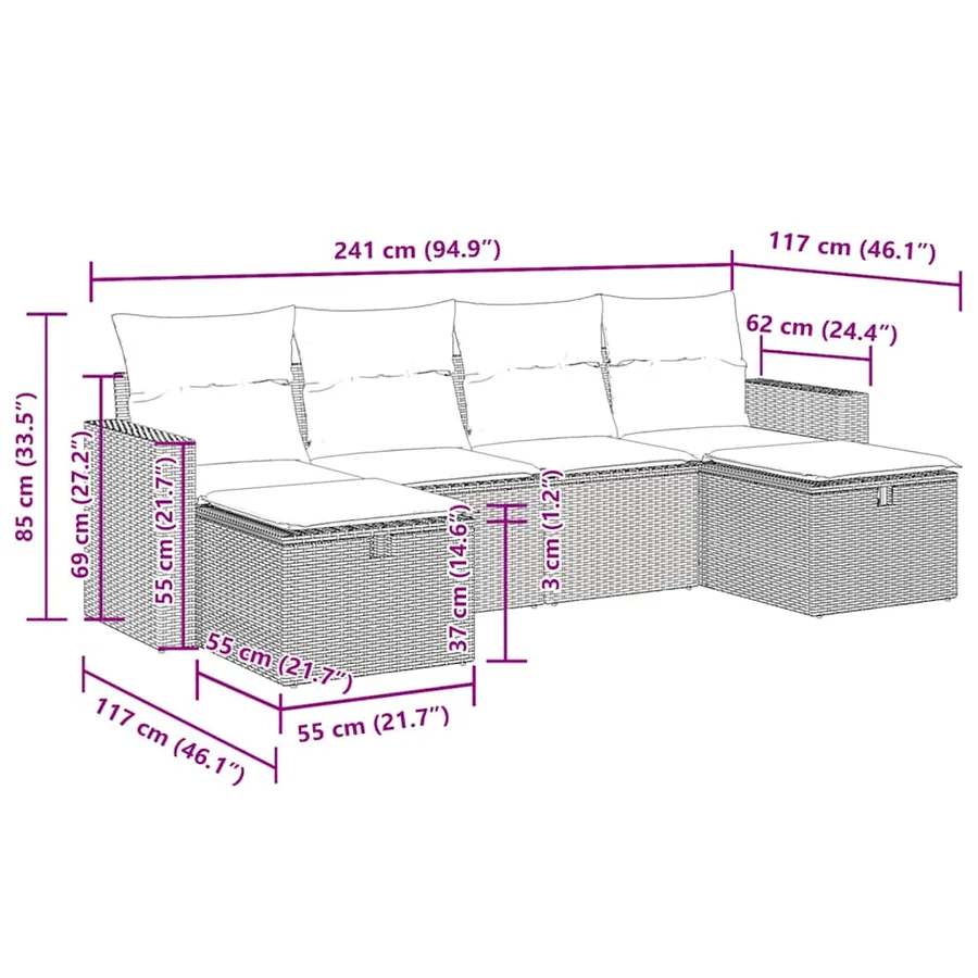 Salon de jardin 6 pcs avec coussins noir résine tressée - 12