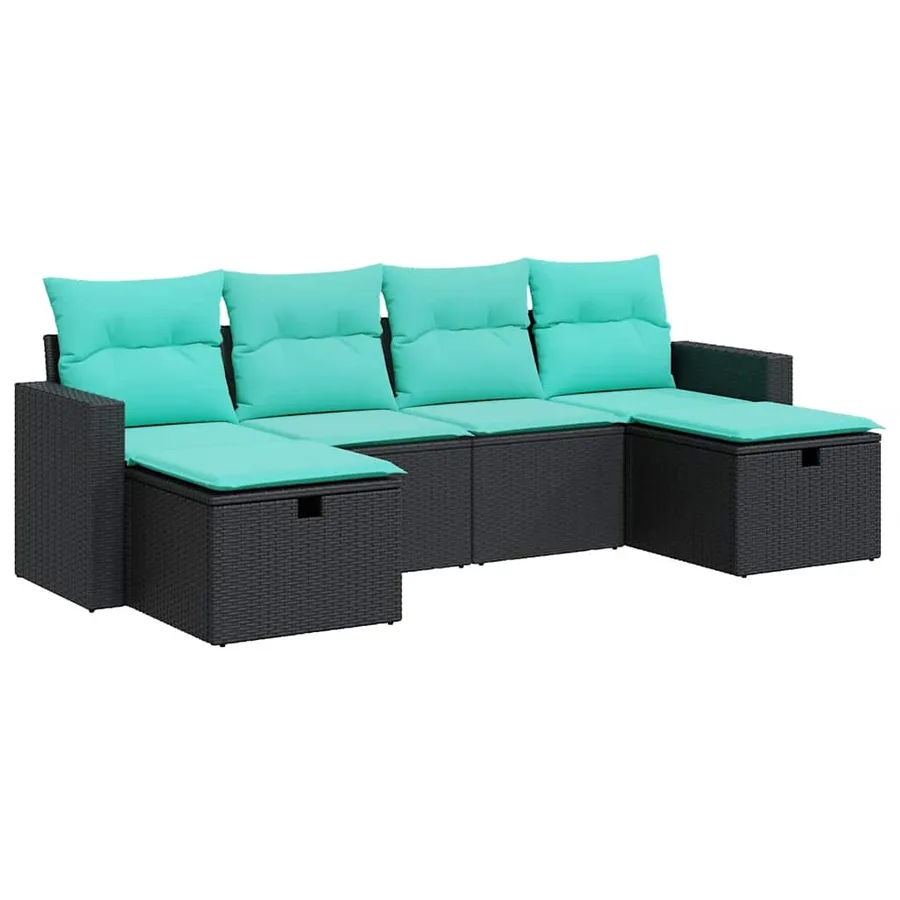 Salon de jardin 6 pcs avec coussins noir résine tressée - 2