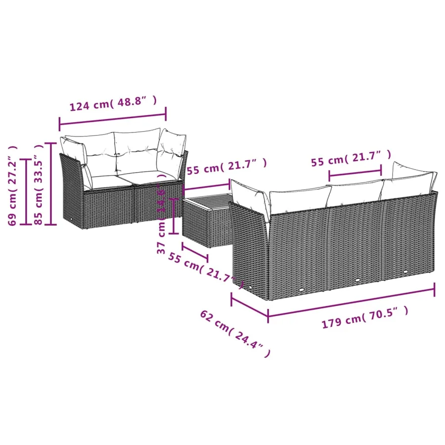 Salon de jardin 6 pcs avec coussins noir résine tressée - 10