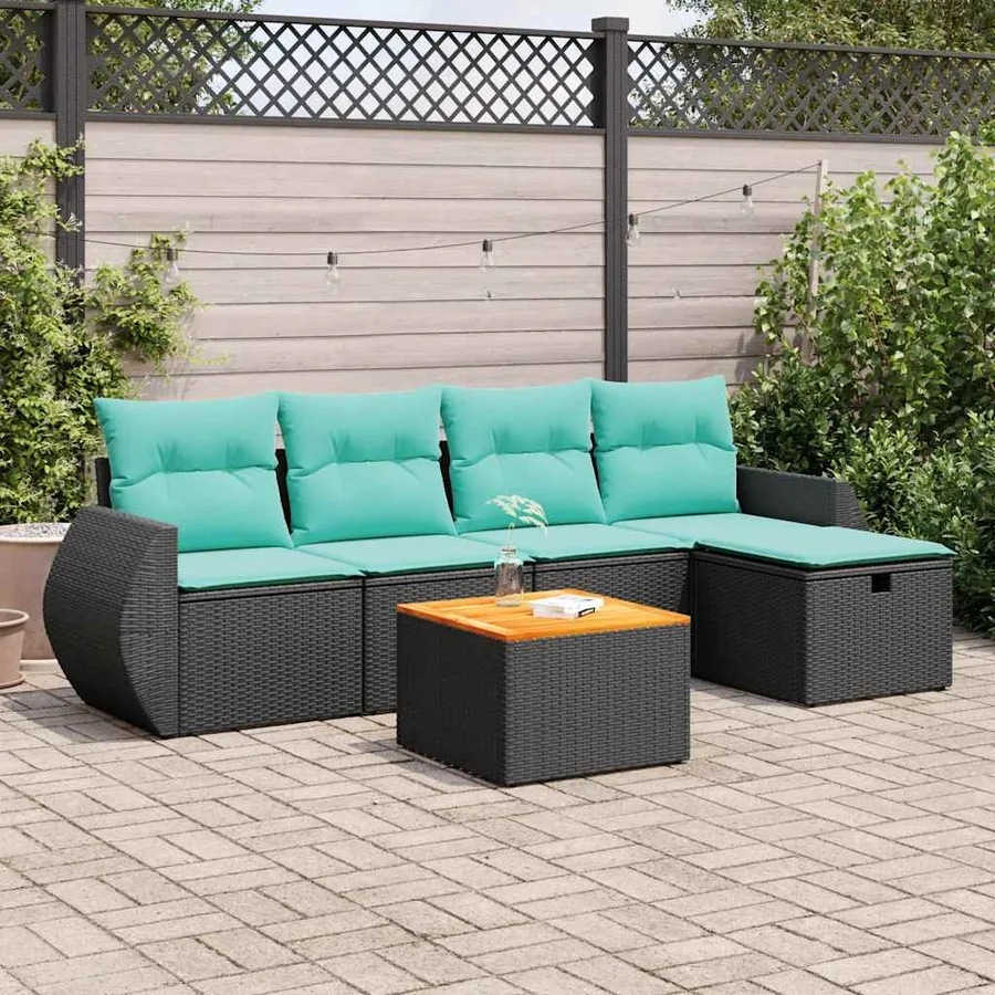Salon de jardin 6 pcs avec coussins noir résine tressée