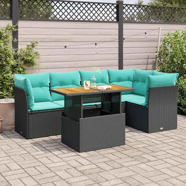 Salon de jardin 6 pcs avec coussins noir résine tressée