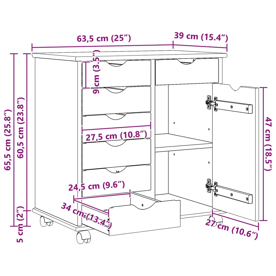 Cabinet roulant Marron 63,5 x 39 x 65,5 cm Bois de Pin Massif - 8