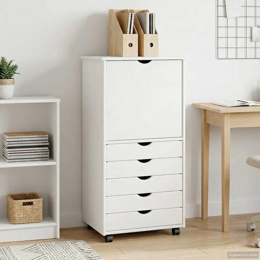 Cabinet roulant Blanc 53 x 39 x 103 cm Bois de Pin Massif