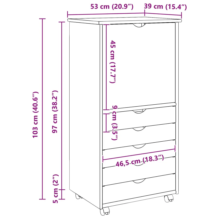 Cabinet roulant Blanc 53 x 39 x 103 cm Bois de Pin Massif - 10