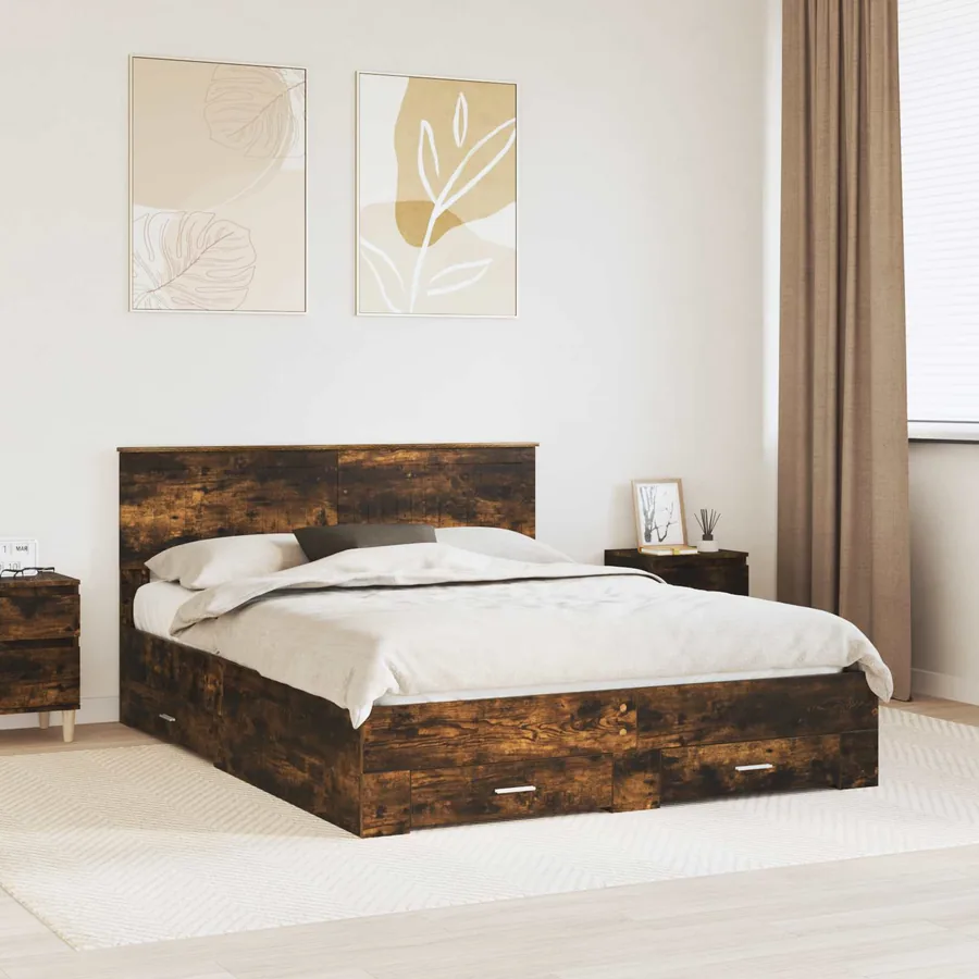 Cadre de lit Chêne fumé 150 x 200 cm Bois d'ingénierie