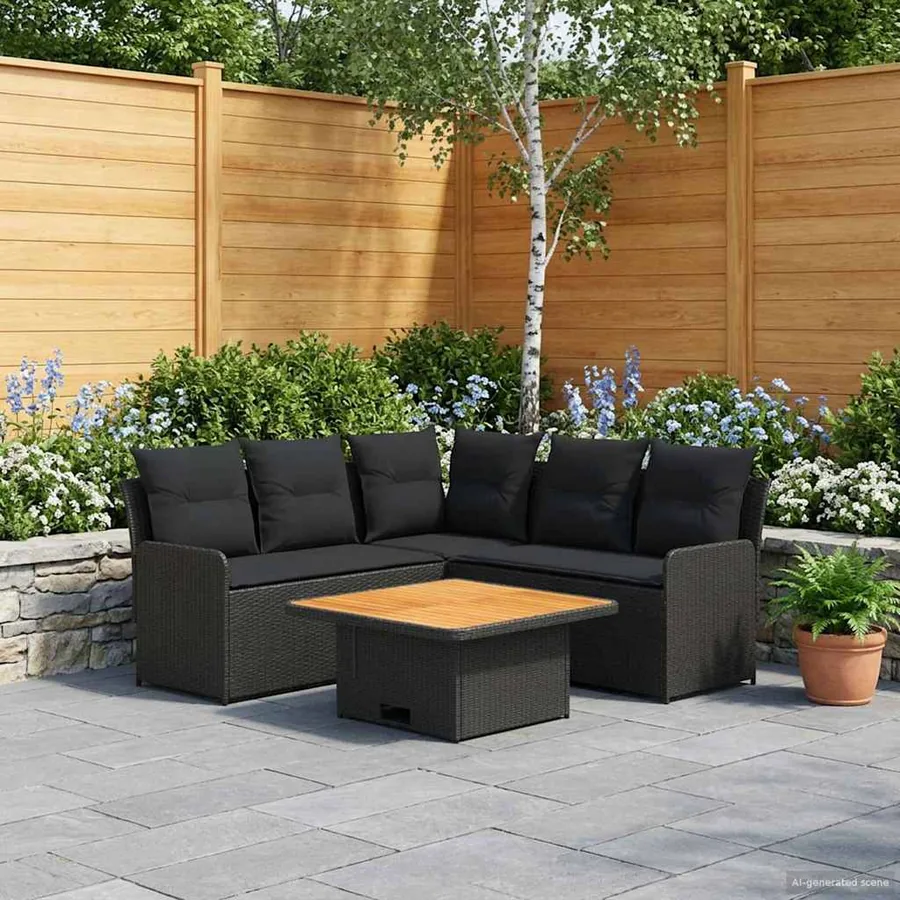 Ensembles de meubles avec oreiller 6 pcs Noir Rotin PE