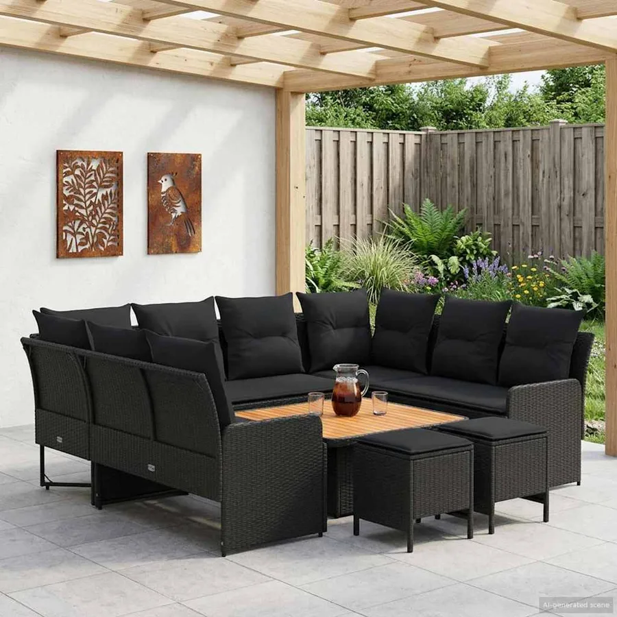 Ensembles de meubles avec oreiller 8 pcs Noir Rotin PE - 3