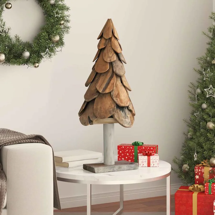 Sapin de Noël avec support Marron 91 cm Bois de teck solide - 3