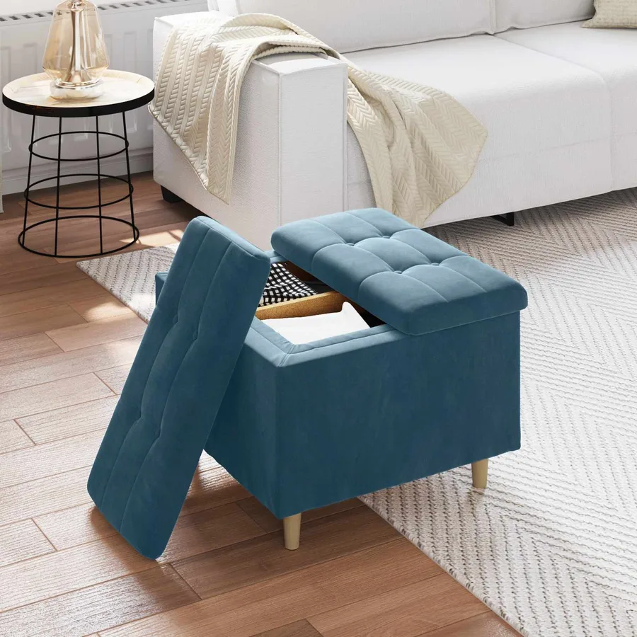 Pouf de rangement avec coussin Bleu 60 x 60 x 45 cm Velours - 4