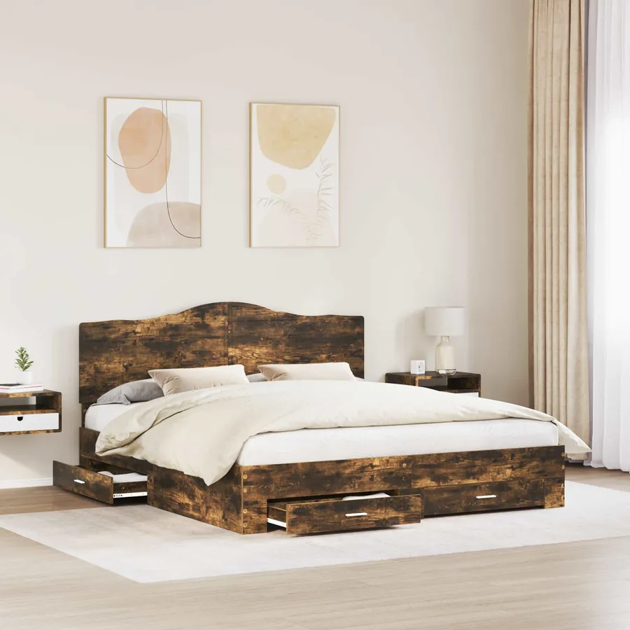 Cadre de lit Chêne fumé 200 x 200 cm Bois d'ingénierie - 3