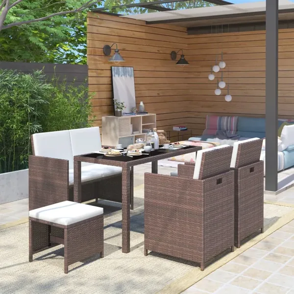 Ensemble à manger d'extérieur avec coussins 6pcs Résine tressée