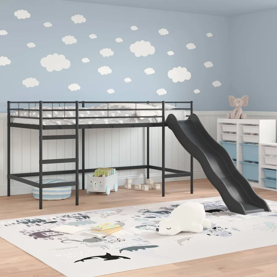 Lit superposé pour enfants avec toboggan Uni Noir et anthracite - 3