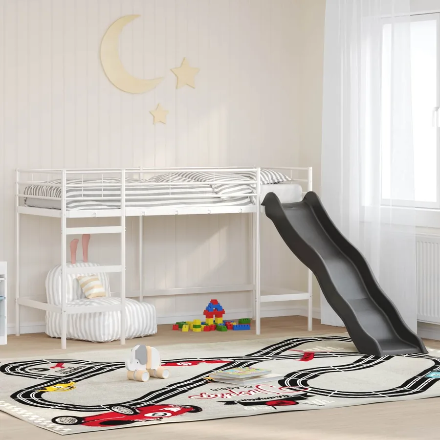 Lit superposé pour enfants avec toboggan Blanc et anthracite