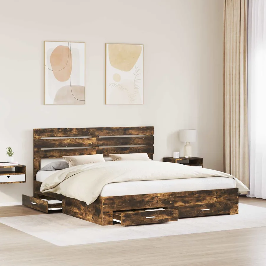 Cadre de lit Chêne fumé 200 x 200 cm Bois d'ingénierie - 3
