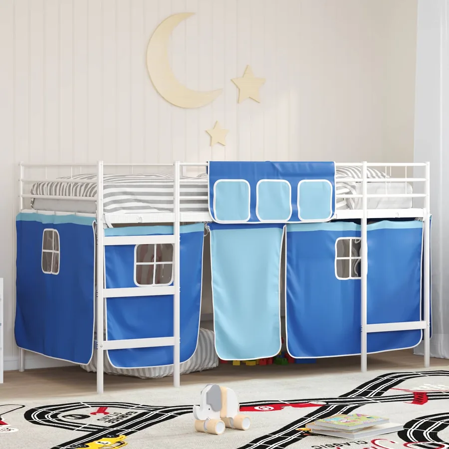 Cadre de Lit Mezzanine pour Enfants avec Rideaux Blanc et Bleu