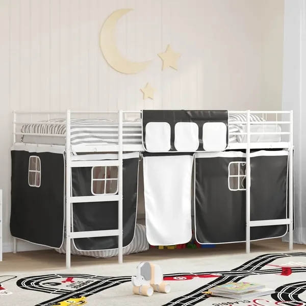 Cadre de Lit Mezzanine pour Enfants avec Rideaux Blanc et Noir