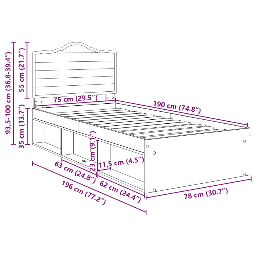 Cadre de lit Chêne Sonoma 75 x 190 cm Pin massif - 12