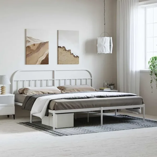 Cadre de lit métal sans matelas et tête de lit blanc 193x203 cm
