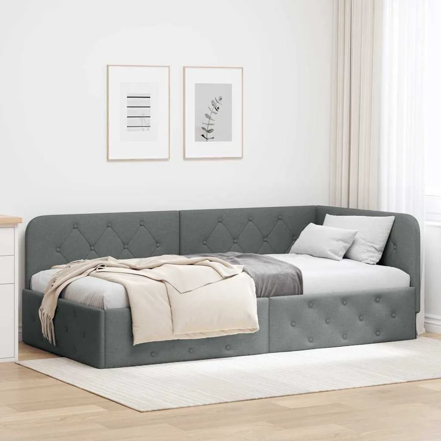 Cadre de lit d'angle Gris foncé 90 x 200 cm tissu