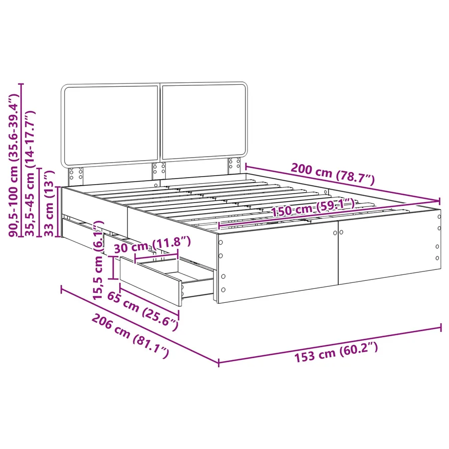 Cadre de lit Chêne Sonoma 150 x 200 cm Bois Ingénierie - 14