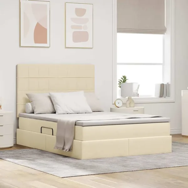 Lit avec rangement et matelas Crème 140 x 200 cm tissu