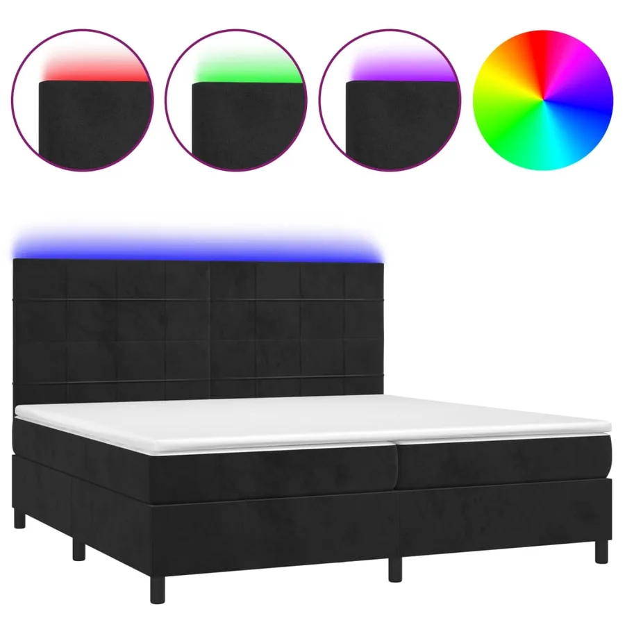 Sommier à lattes de lit matelas et LED Noir 200x200 cm Velours - 2