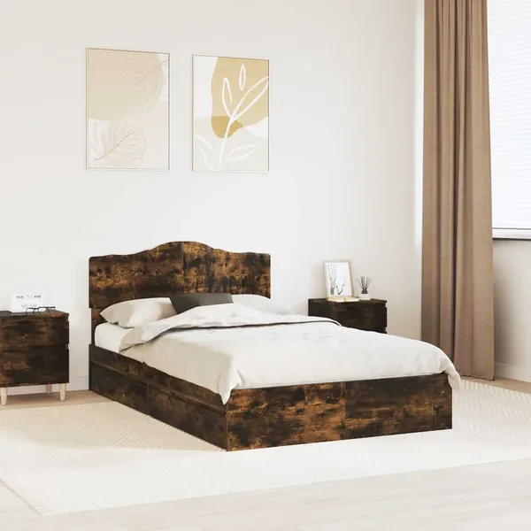 Lit de Rangement Chêne fumé 135 x 190 cm Bois d'ingénierie