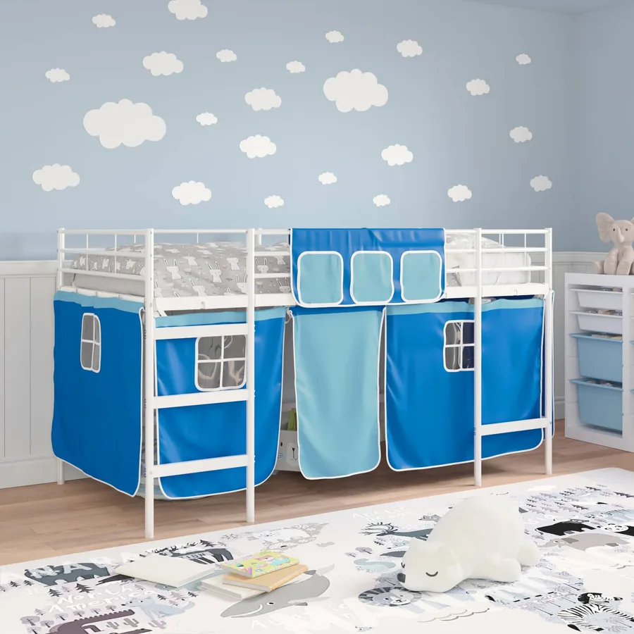 Cadre de Lit Mezzanine pour Enfants avec Rideaux Blanc et Bleu - 3