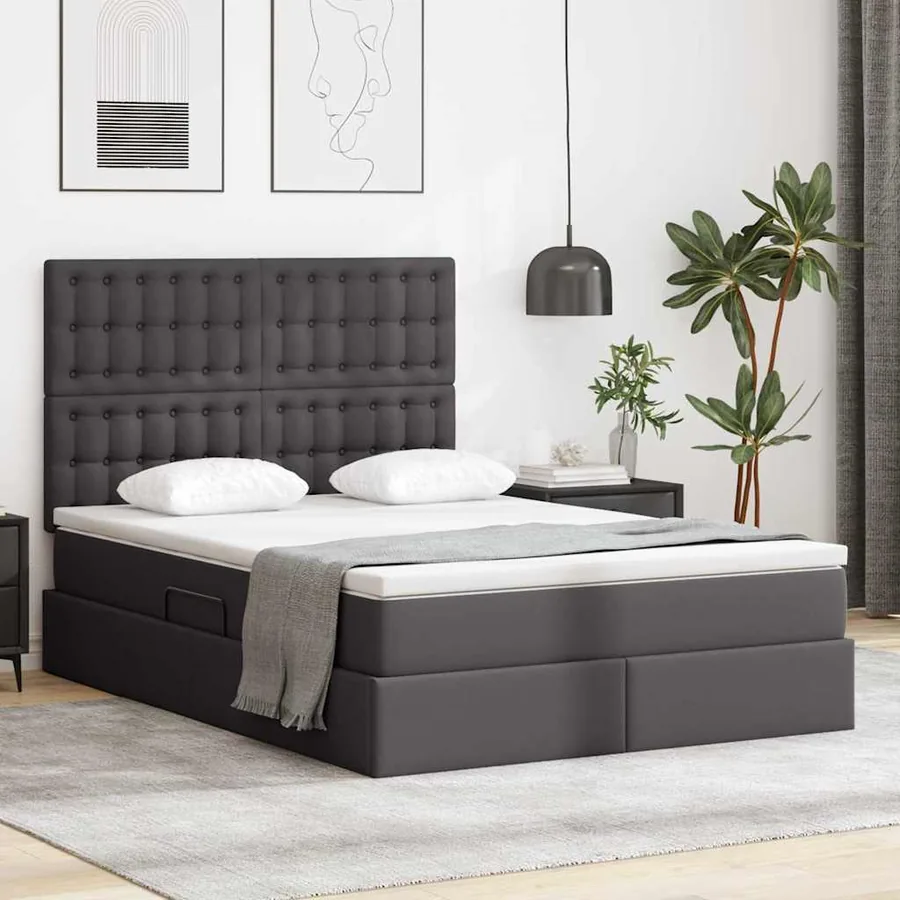 Lit de Rangement Gris 140 x 200 cm Cuir synthétique