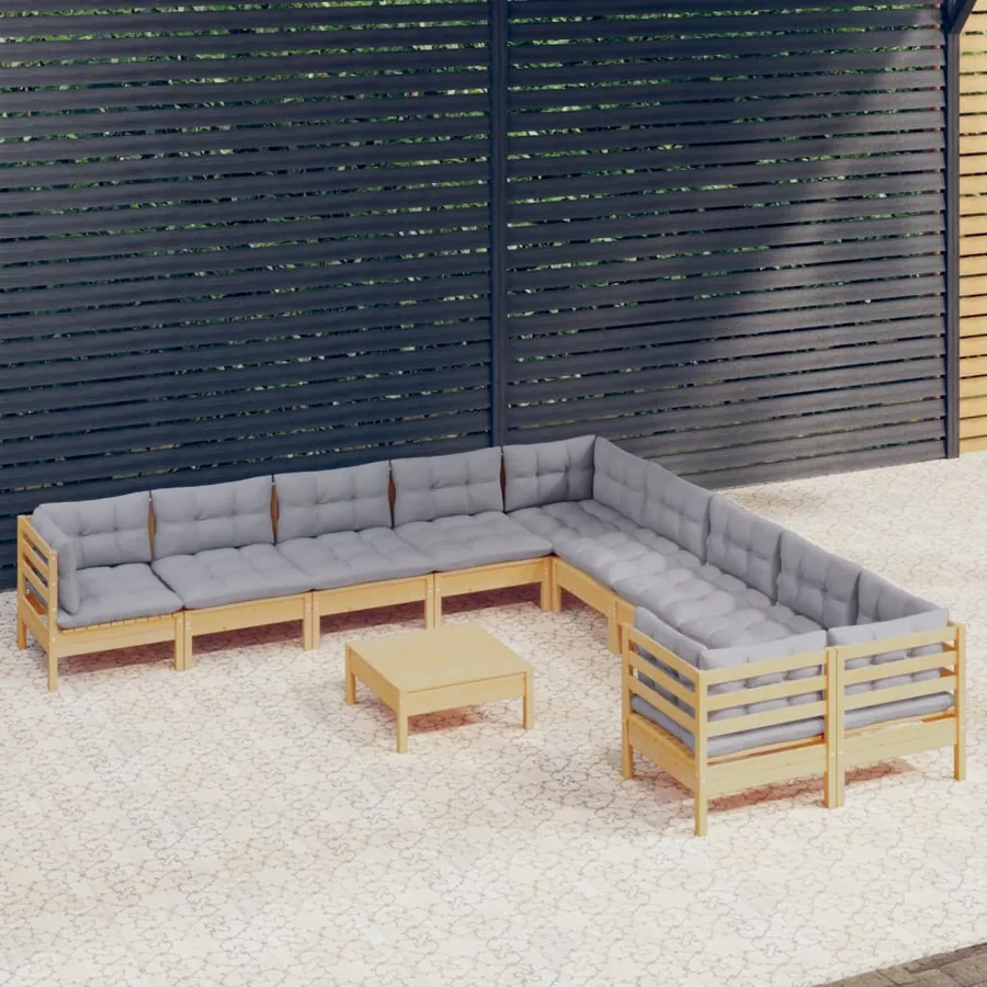 Salon de jardin 11 pcs avec coussins gris bois de pin