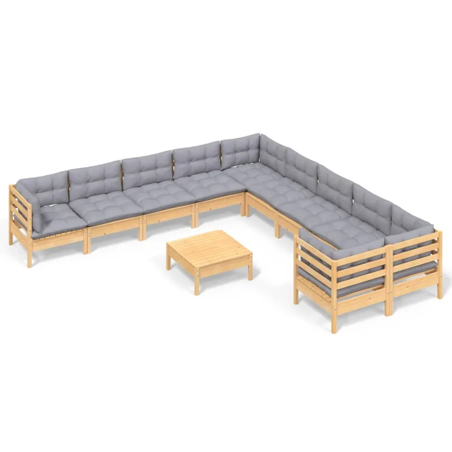 Salon de jardin 11 pcs avec coussins gris bois de pin - 2