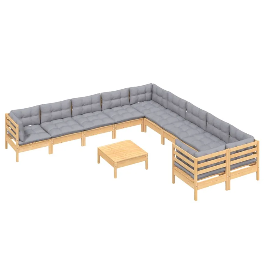 Salon de jardin 11 pcs avec coussins gris bois de pin - 3