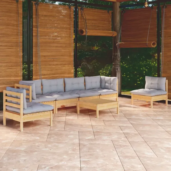 Salon de jardin 7 pcs avec coussins gris bois de pin massif