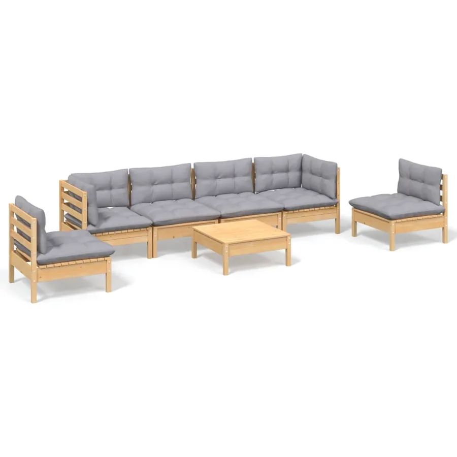Salon de jardin 7 pcs avec coussins gris bois de pin massif - 2