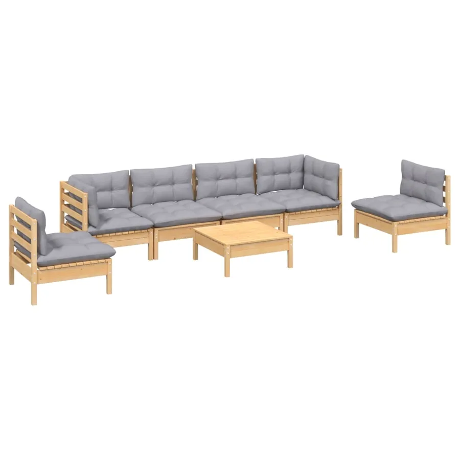 Salon de jardin 7 pcs avec coussins gris bois de pin massif - 3